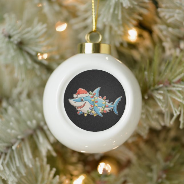 Shark Christmas Santa Hat Xmas Lights Sharkmas Ceramic Ball Christmas Ornament (Tree)