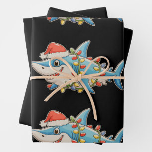 Shark Christmas Santa Hat Xmas Lights Sharkmas Wrapping Paper Sheet