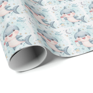 Shark Cute Baby Pastel Watercolor Pattern  Wrapping Paper
