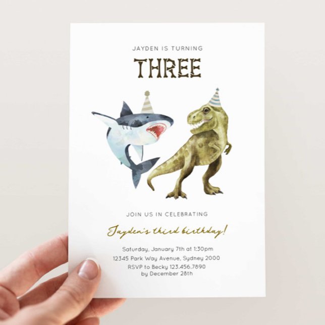 Shark & Dino 3rd B'day Invite, T-rex Shark Party Invitation (Creator Uploaded)