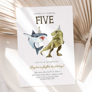 Shark & Dino 5th B'day Invite, T-rex Shark Party Invitation
