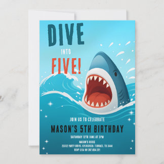 Shark Dive Into Five 5th Birthday Invitation