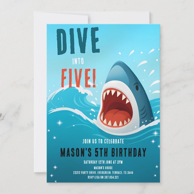 Shark Dive Into Five 5th Birthday Invitation (Front)