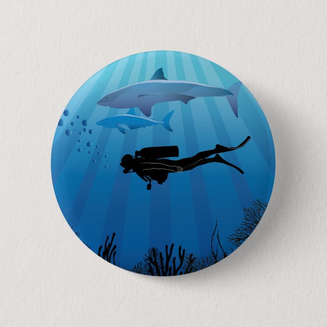 Shark Diving Scuba Diver 6 Cm Round Badge (Front)