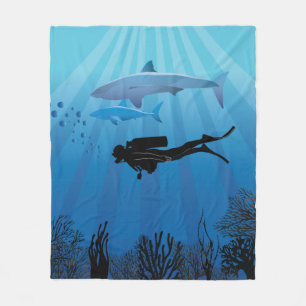 Shark Diving Scuba Diver Fleece Blanket