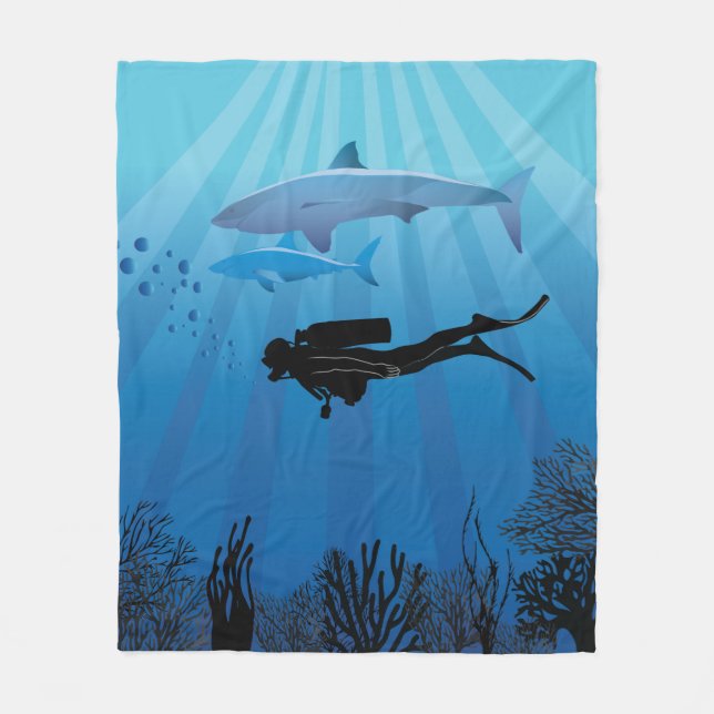 Shark Diving Scuba Diver Fleece Blanket (Front)