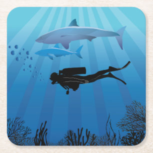 Shark Diving Scuba Diver Square Paper Coaster
