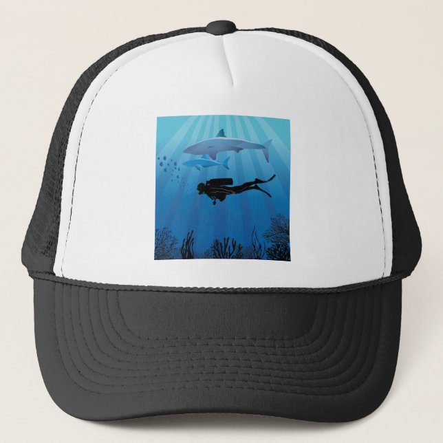 Shark Diving Scuba Diver Trucker Hat (Front)