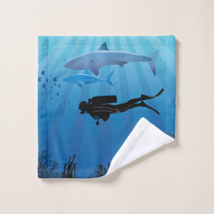 Shark Diving Scuba Diver Wash Cloth