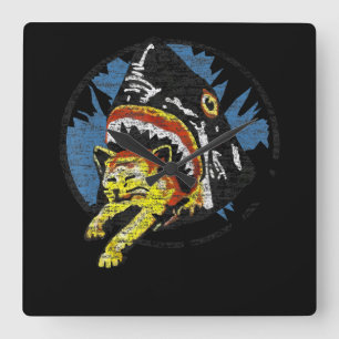 Shark Eating A Cat Funny Shark Gifts Square Wall Clock