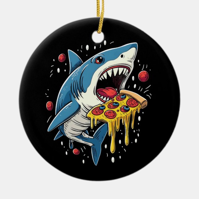 Shark Eating Pizza Funny Pizza Lover  Ceramic Tree Decoration (Front)