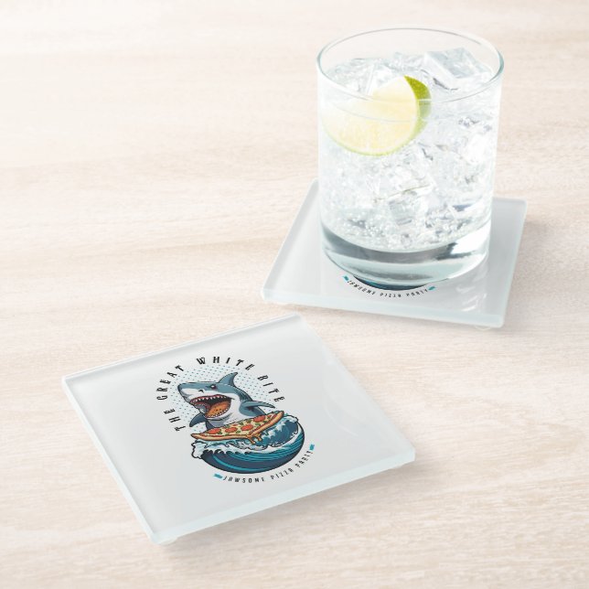 Shark Eating Pizza | The Great White Bite Jawsome  Glass Coaster (Angled)