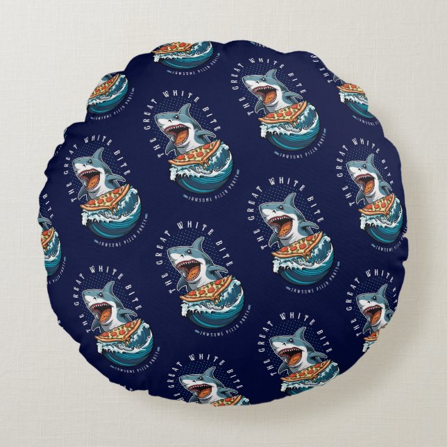 Shark Eating Pizza | The Great White Bite Jawsome  Round Cushion (Front)