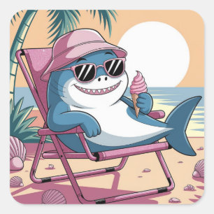 Shark eating summer ice-cream square sticker