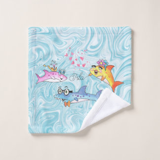 Shark Family Cartoon on Blue Waves Wash Cloth