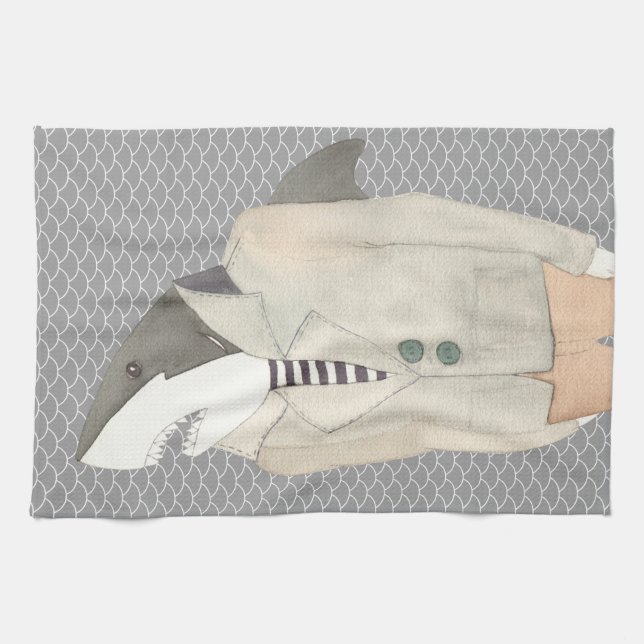 Shark Fashion Suit Watercolor Illustration K Tea Towel (Horizontal)