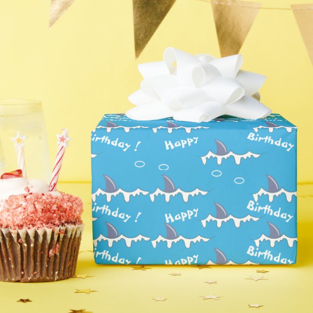 Shark Fin Pattern Kid Happy Birthday Blue Wrapping Paper (Birthday Party)