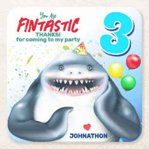 Shark Fintastic Kids Birthday Square Paper Coaster