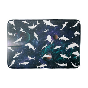 Shark fish white shadow on Dark galaxy Space Bath Mat