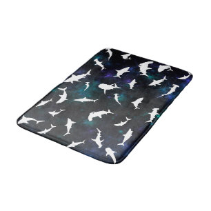 Shark fish white shadow on Dark galaxy Space Bath Mat