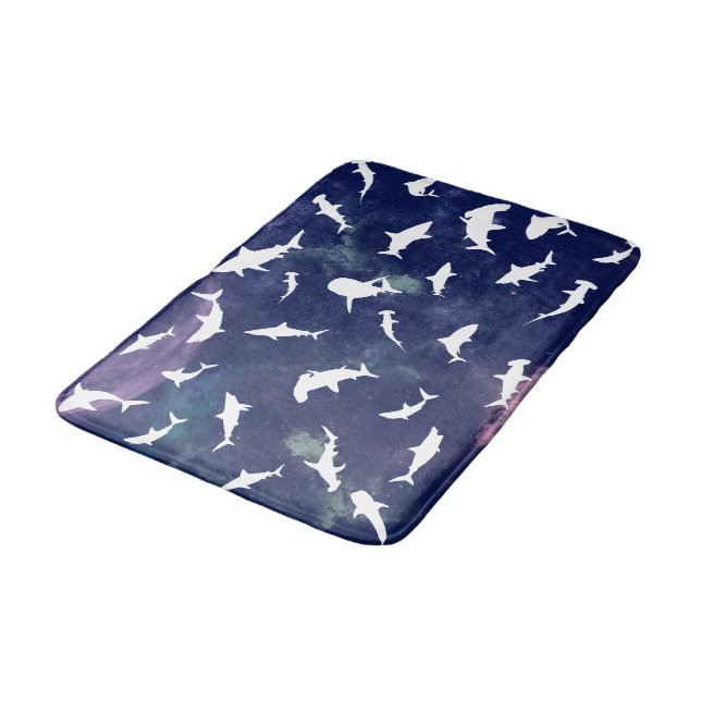 Shark fish white shadow on Dark galaxy Space Bath Mat (Angled)