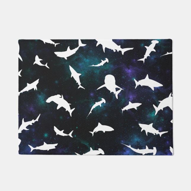 Shark fish white shadow on Dark galaxy Space Doormat (Front)