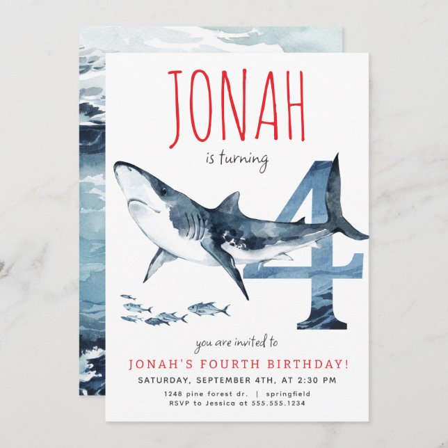 Shark Fourth Birthday Invitation (Front/Back)