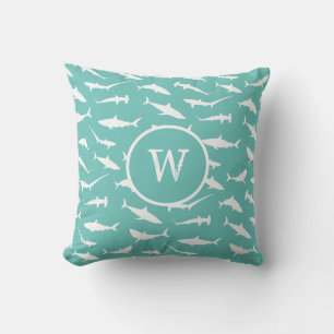 Shark Frenzy Blue White Monogram Cushion