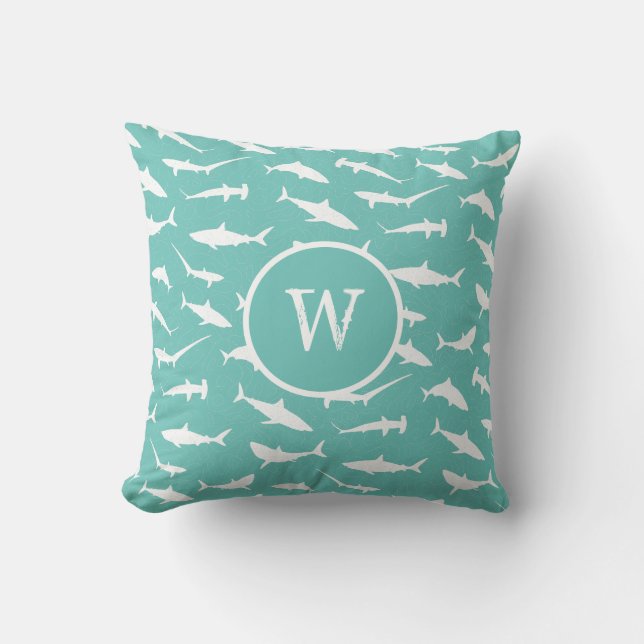 Shark Frenzy Blue White Monogram Cushion (Front)