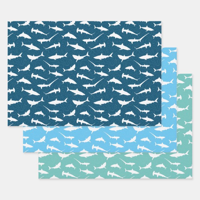 Shark Frenzy Blue White Wrapping Paper Sheet (Set)