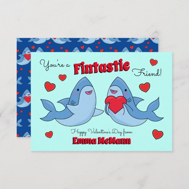 Shark Friendship Kids Classroom Valentine Cards (Front/Back)