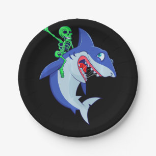 Shark Halloween Skeleton Riding Sharks Lover Funny Paper Plate