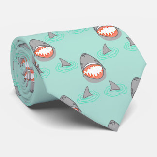 Shark Heads & Fins in Grey on Aqua w/ Ripples Tie