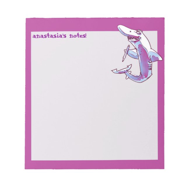 shark holds pencil funny cartoon customisable notepad (Front)