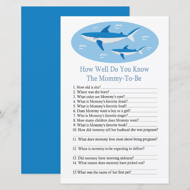 Shark How well do you know baby shower game (Front/Back)