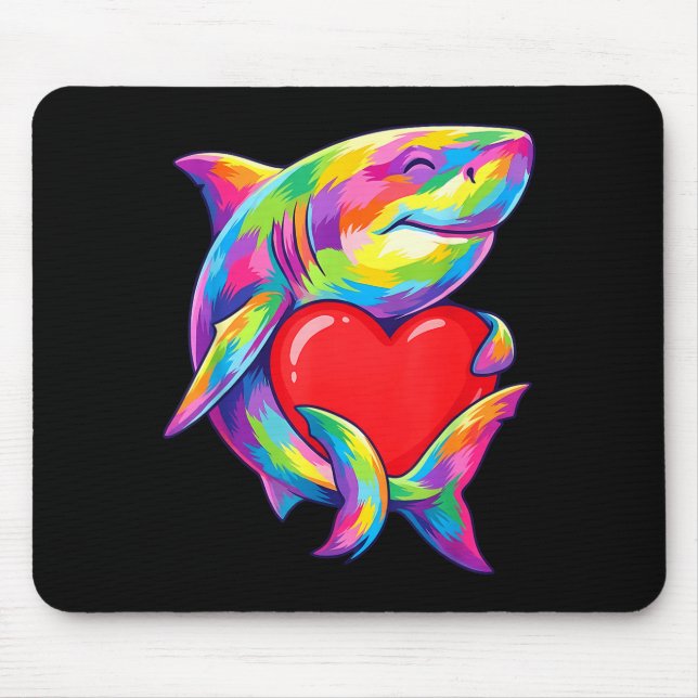 Shark Hugging Valentine Heart Color Critters Rainb Mouse Mat (Front)