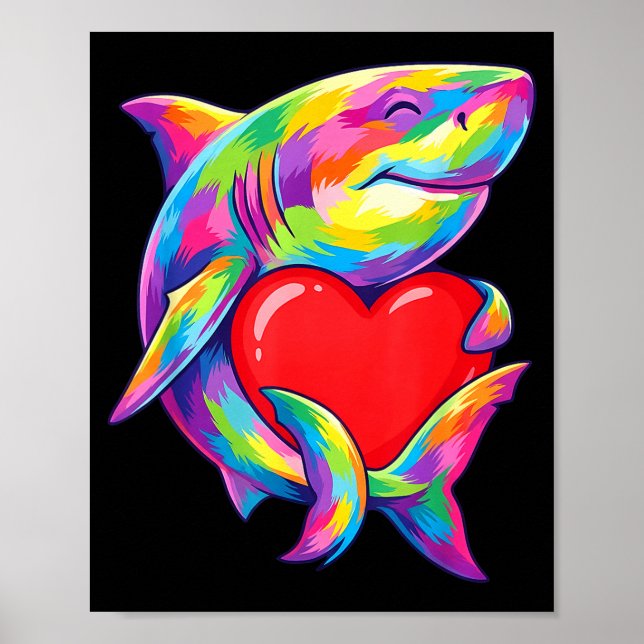 Shark Hugging Valentine Heart Color Critters Rainb Poster (Front)