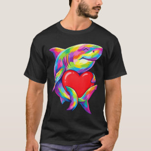 Shark Hugging Valentine Heart Color Critters Rainb T-Shirt