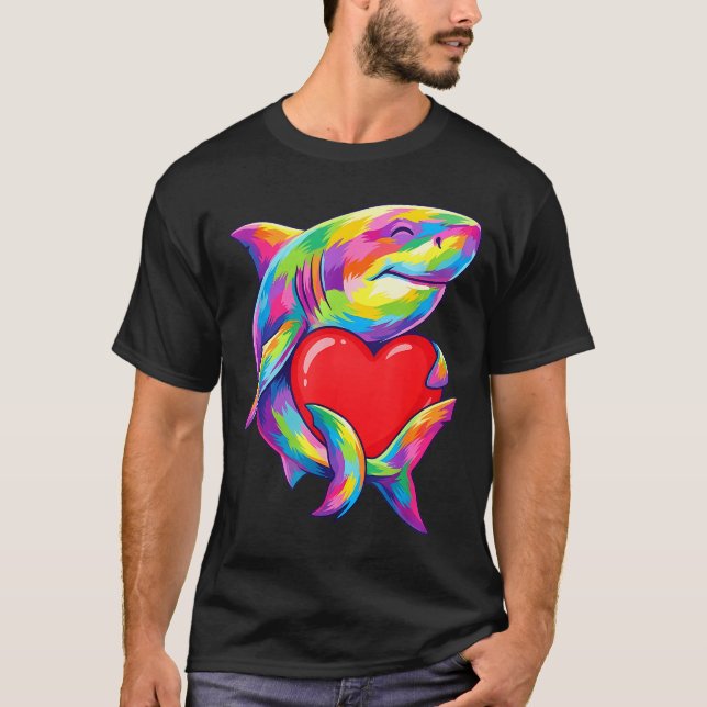 Shark Hugging Valentine Heart Color Critters Rainb T-Shirt (Front)