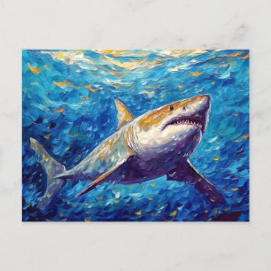 Shark in Expressive Underwater Oil Painting Postcard