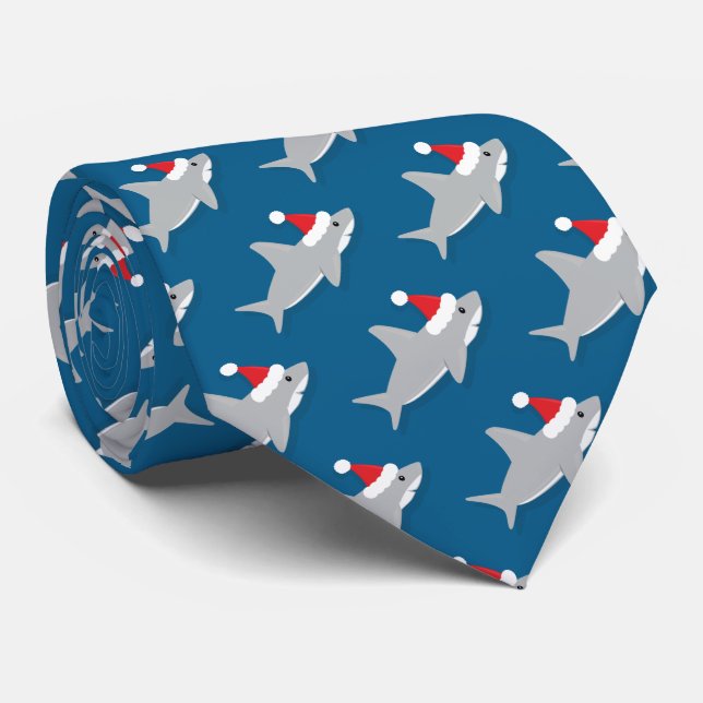 Shark in Santa Hat Christmas Novelty Neck Tie (Rolled)