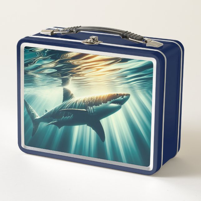 Shark in the deep blue sea & sunlight metal lunch box (Front)