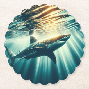 Shark in the deep blue sea & sunlight paper coaster