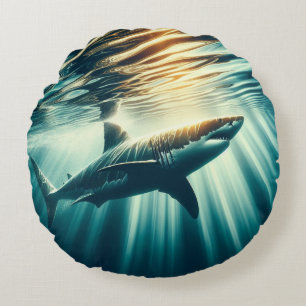 Shark in the deep blue sea & sunlight round cushion