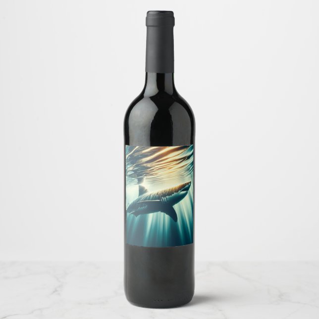 Shark in the deep blue sea & sunlight wine label (Front)