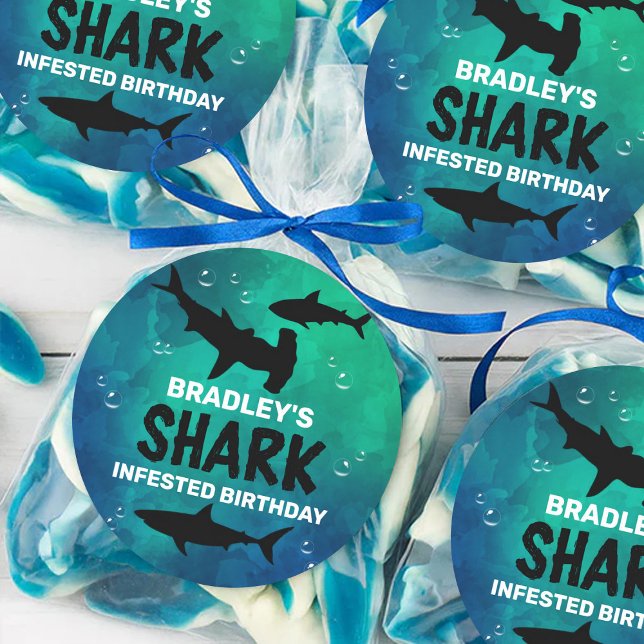 Shark Infested Any Age Birthday Party Classic Roun Classic Round Sticker (Creator Uploaded)
