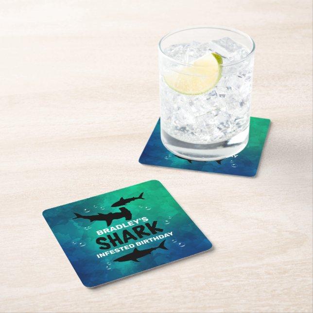 Shark Infested Any Age Birthday Party Square Paper Coaster (Insitu)