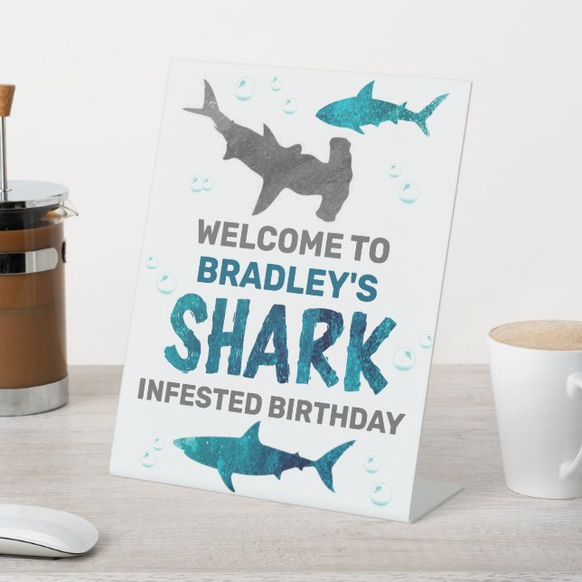 Shark Infested Any Age Birthday Party Welcome Pedestal Sign (In SItu)