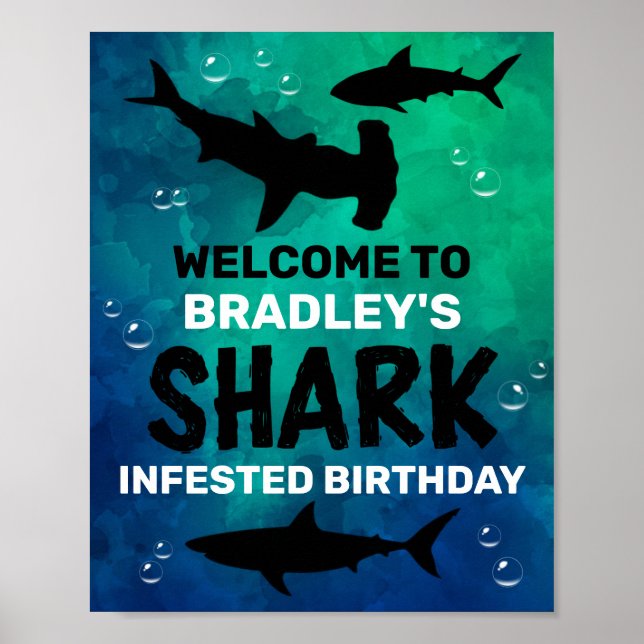 Shark Infested Any Age Birthday Party Welcome Sign (Front)