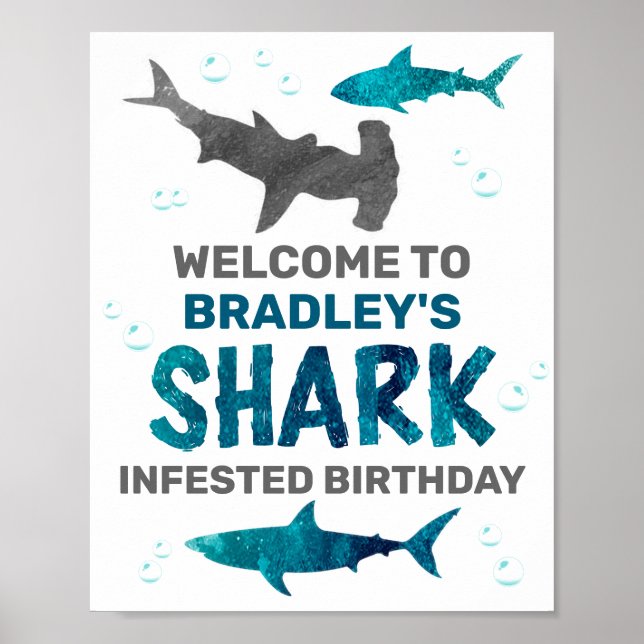 Shark Infested Any Age Birthday Party Welcome Sign (Front)